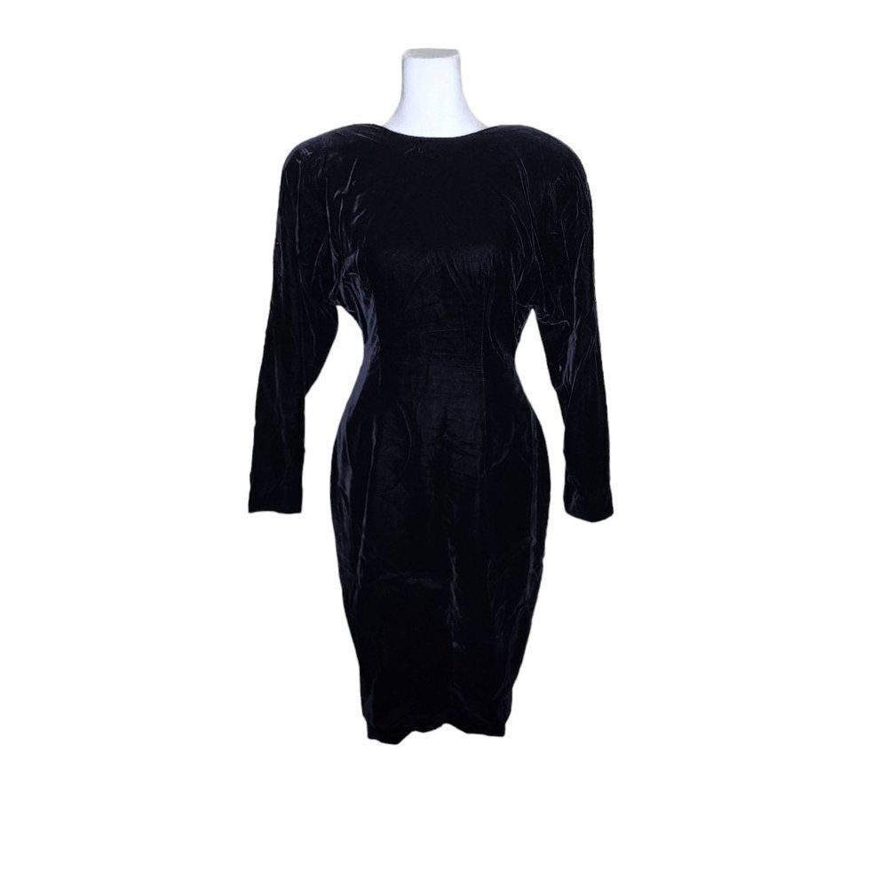Vintage 80s Custom Velvet Wiggle Dress Womens Size M Black Deep V Back Glam